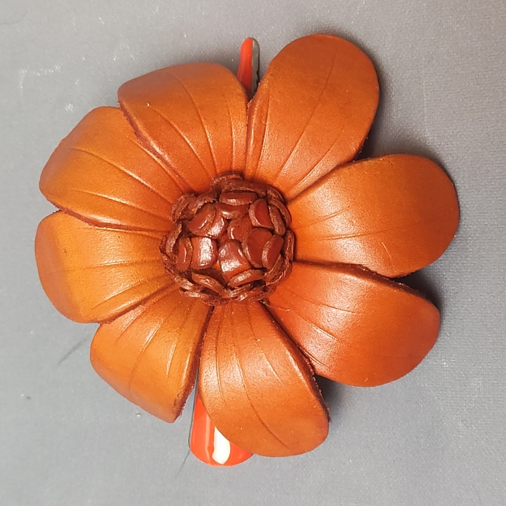 3" hand cut and dyed hand crafted orange leather flower hair clip